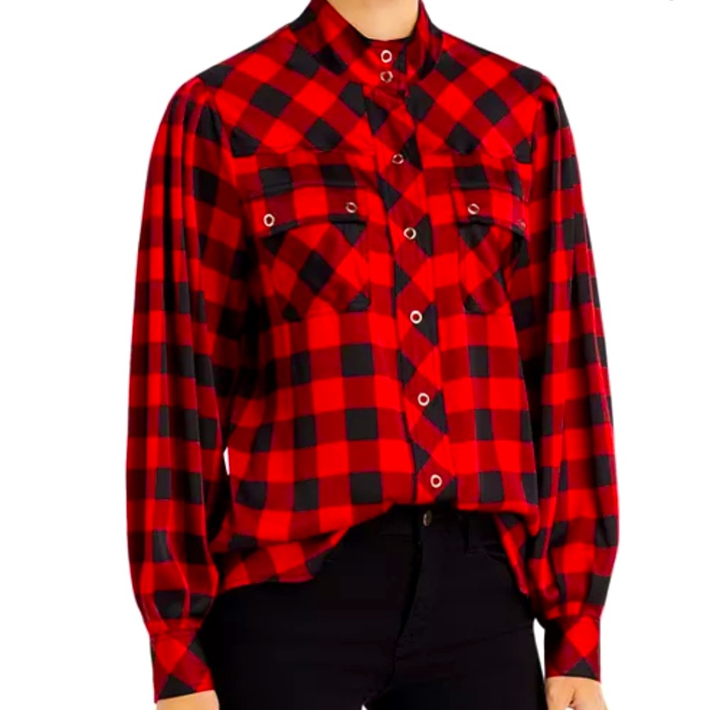 Karl Lagerfeld silk Buffalo plaid silk top. ❤️🖤